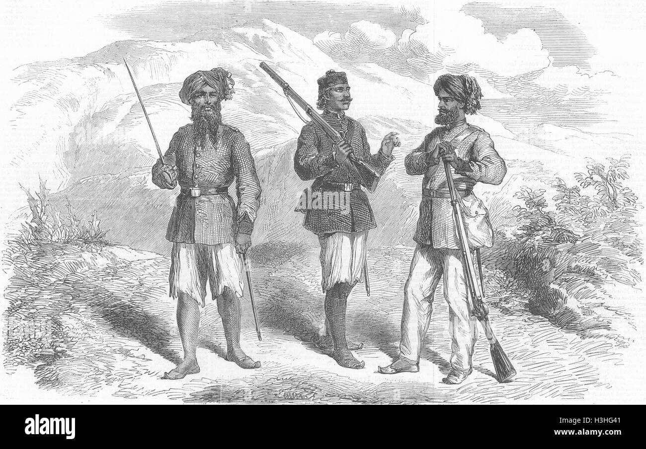 BHUTAN einheimischen Truppen der Bengal beschäftigt 1865. Illustrierte London News Stockfoto