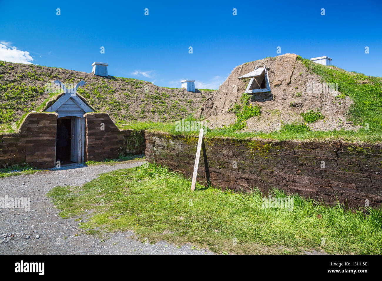 Die l ' Anse Aux Meadows National Historic Site in der Nähe von St. Anthony, Neufundland und Labrador, Kanada. Stockfoto