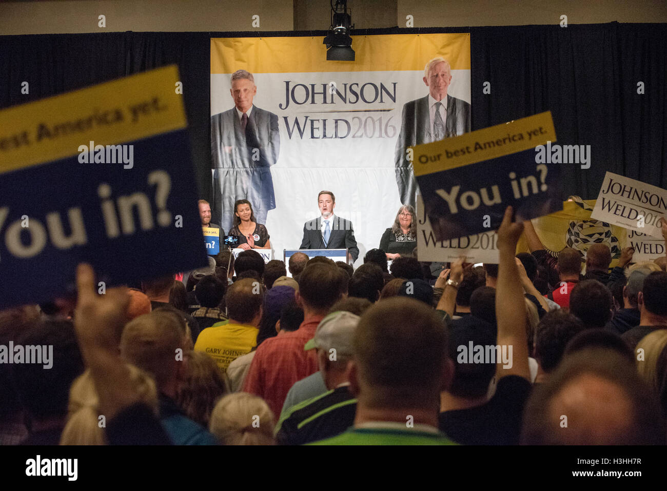 Vorsitzender der Libertarian Party Nicholas Sarwark spricht bei der Präsidenten Johnson/Schweißnaht-Rallye am 17. September 2016 in Seattle, WA Stockfoto