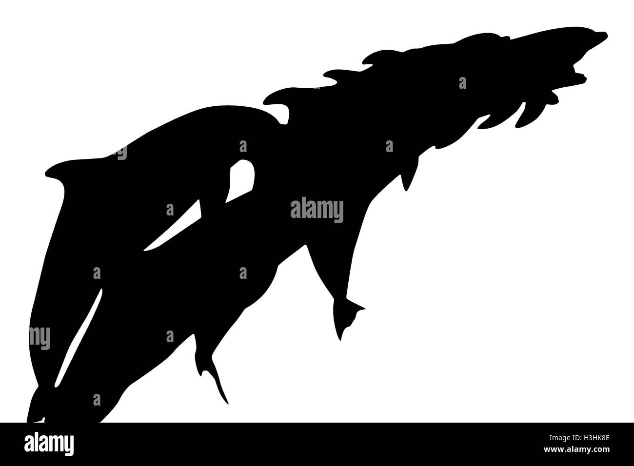 Gruppe der Dolphins Silhouette seitlich gesehen beim springen zusammen. Isoliert auf weißem Hintergrund. Stockfoto