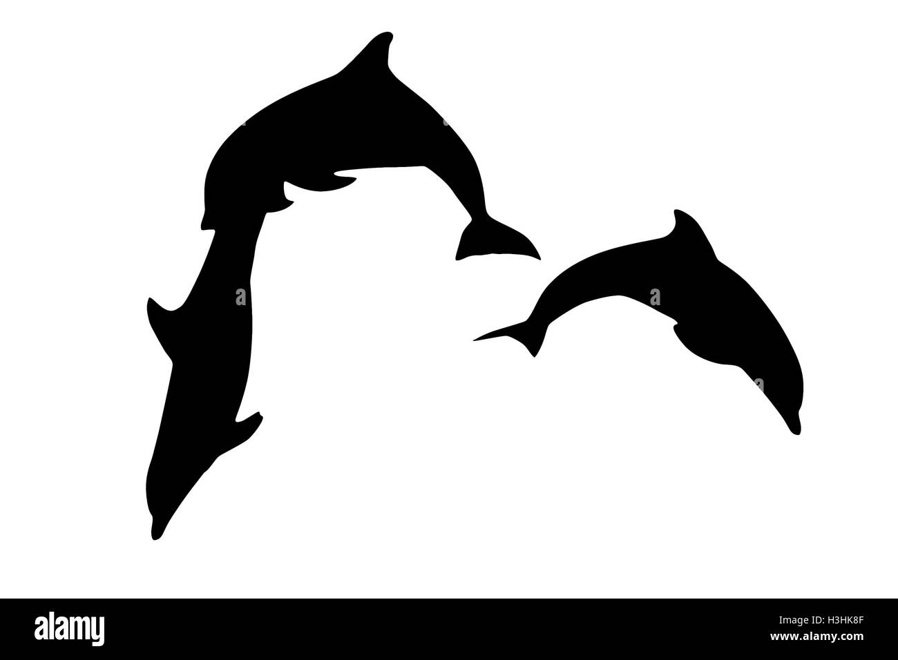 Silhouette von drei Delphine springen zusammen. Isoliert auf weißem Hintergrund. Stockfoto