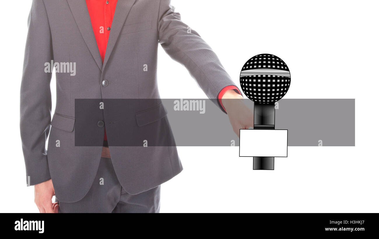 Junger Geschäftsmann mit Mikrofon auf weißem Hintergrund Stockfoto