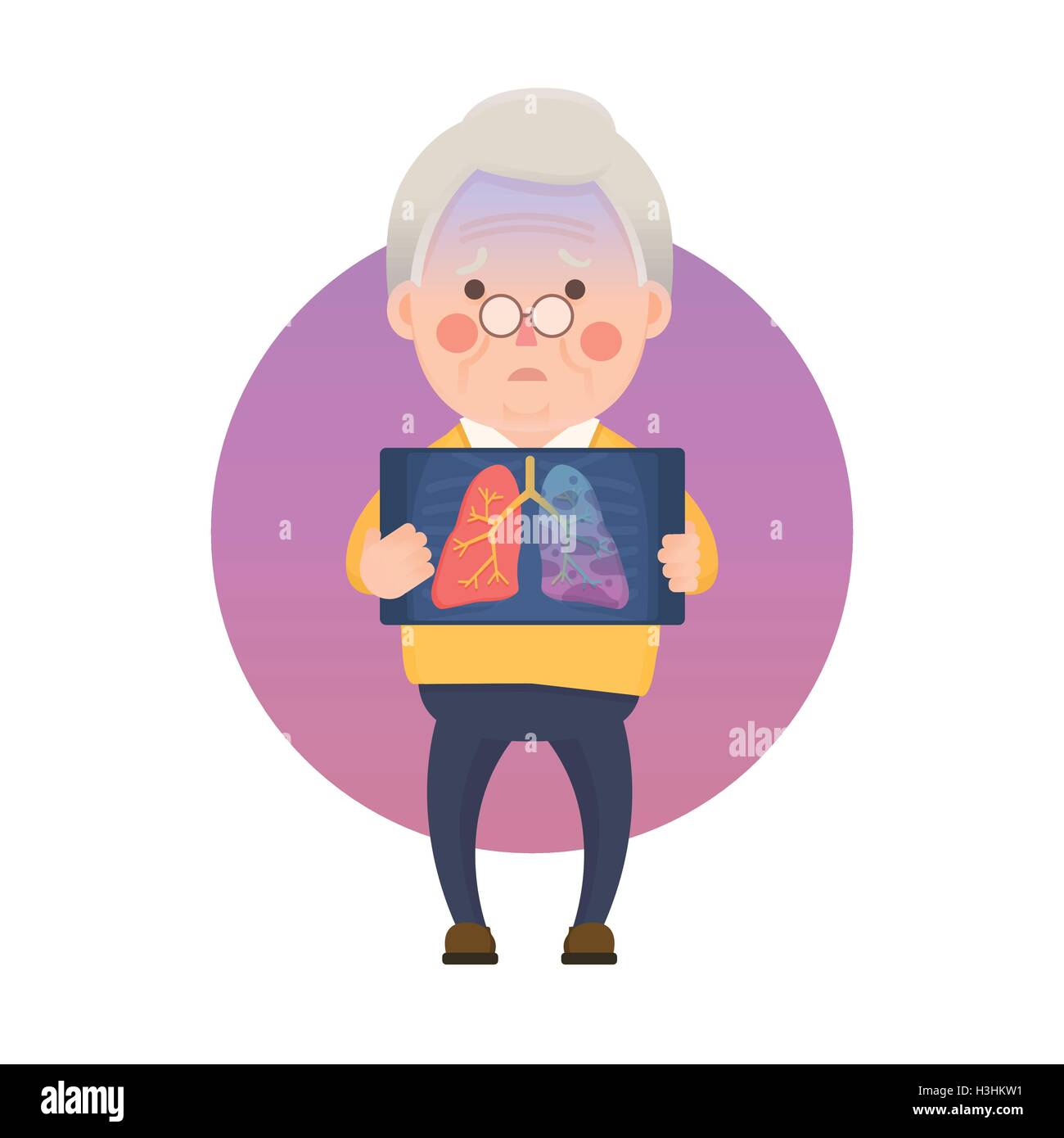 Vektor-Illustration der Alter Mann, hält Röntgenbild zeigt Lungenkrebs Krebs Problem, Comicfigur Stock Vektor