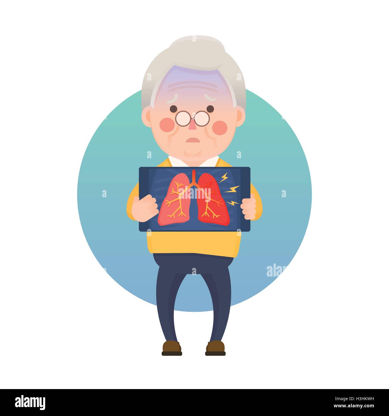 Vektor-Illustration der Alter Mann, hält Röntgenbild zeigt Entzündung Lungen Problem, Comicfigur Stock Vektor