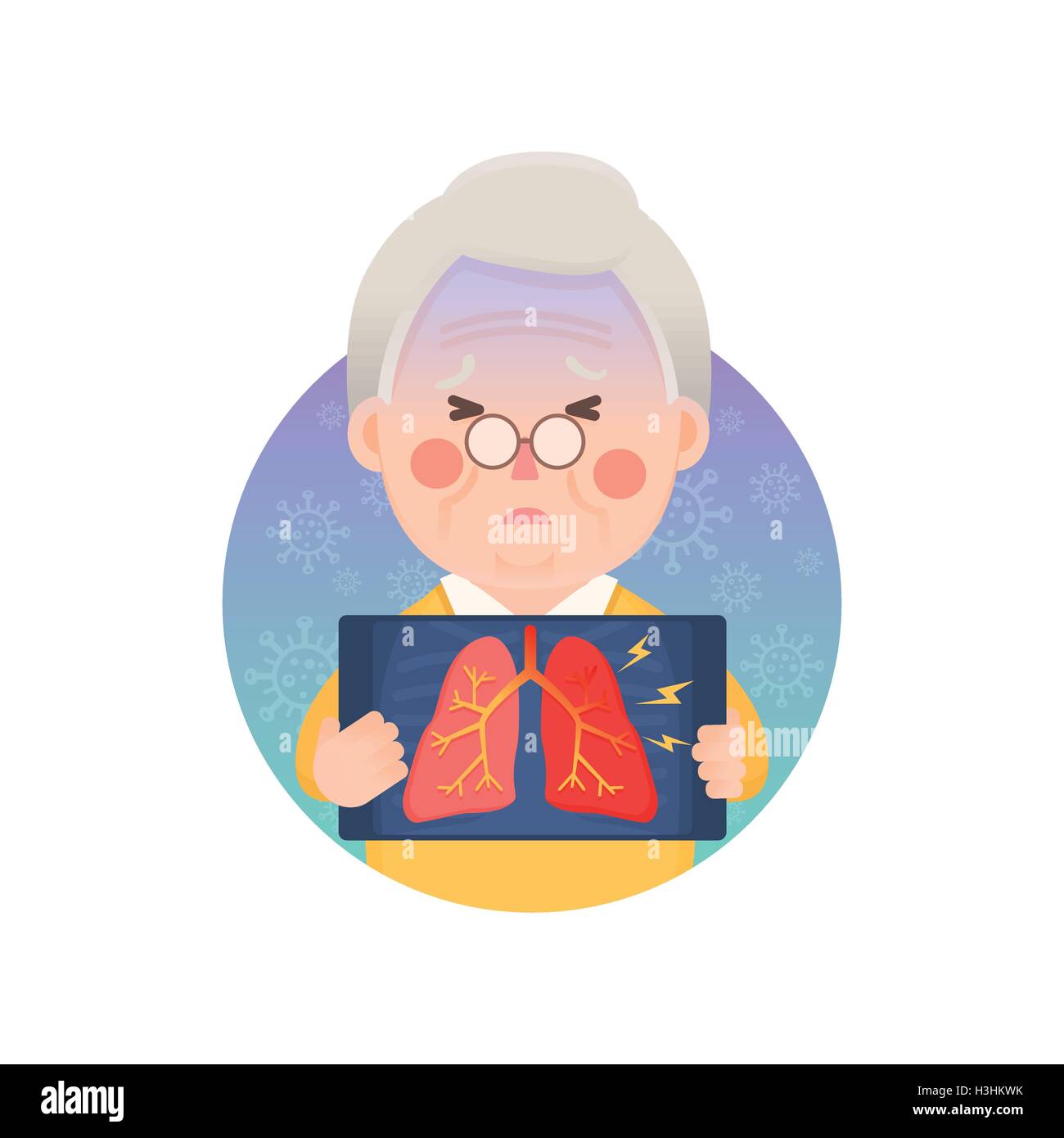 Vektor-Illustration der Alter Mann, hält Röntgenbild zeigt Entzündung Lungen Problem, Comicfigur Stock Vektor