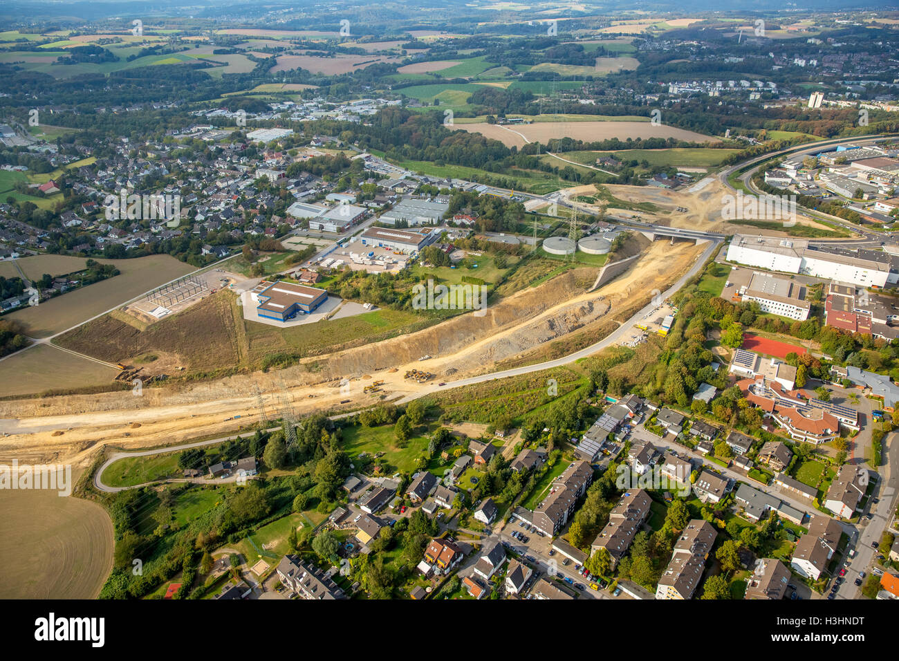 Luftbild, A44 Ausdehnung zwischen Velbert und Heiligenhaus, Autobahn Bau, Velbert, Ruhrgebiet, Nordrhein-Westfalen, Stockfoto