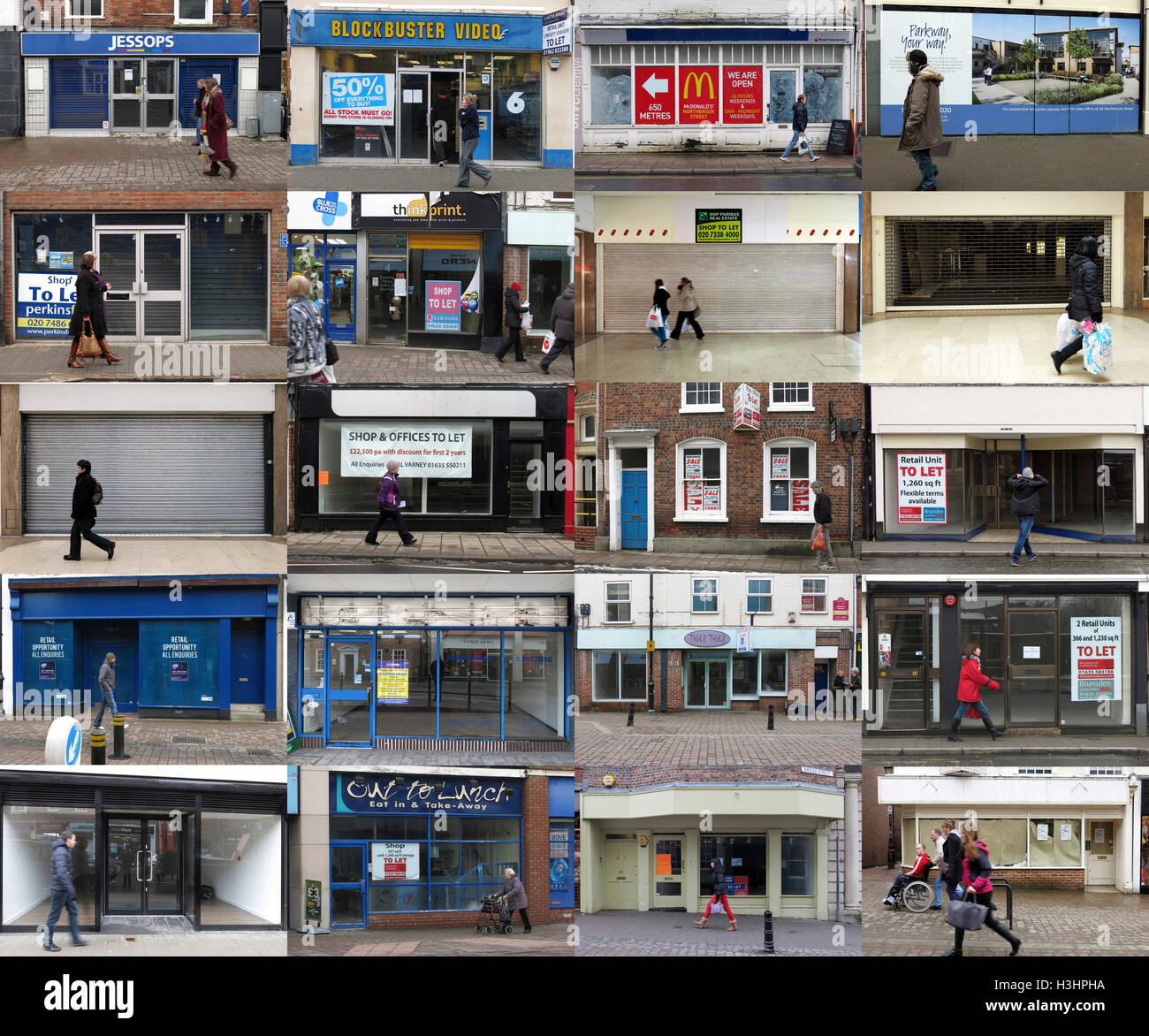 High Street Malaise. 20 Geschäfte leer oder, im Falle von Blockbuster, je nach der Schließung im Zentrum von Newbury. Stockfoto