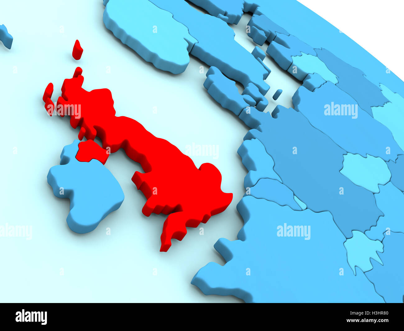 3D Abbildung des Vereinigten Königreichs in roter Farbe auf blauen Globus hervorgehoben Stockfoto