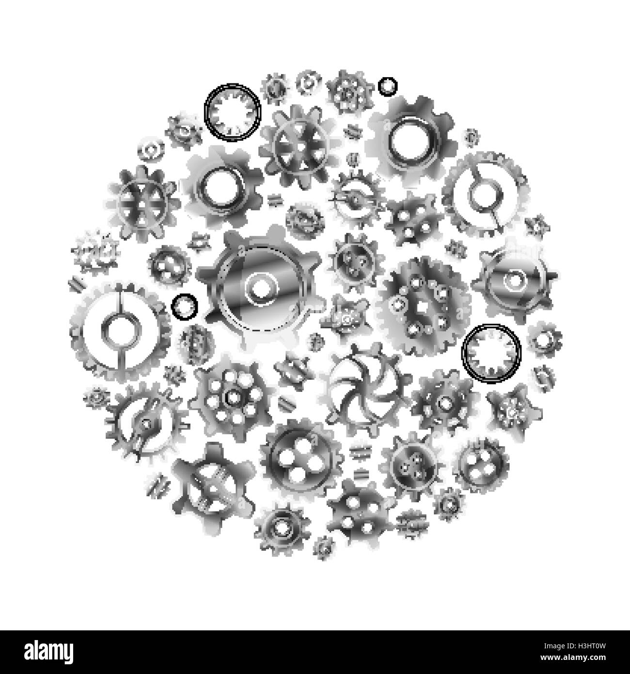 Glänzendes Metall Zahnräder angeordnet in Form eines Kreises, isoliert auf weiss Stock Vektor