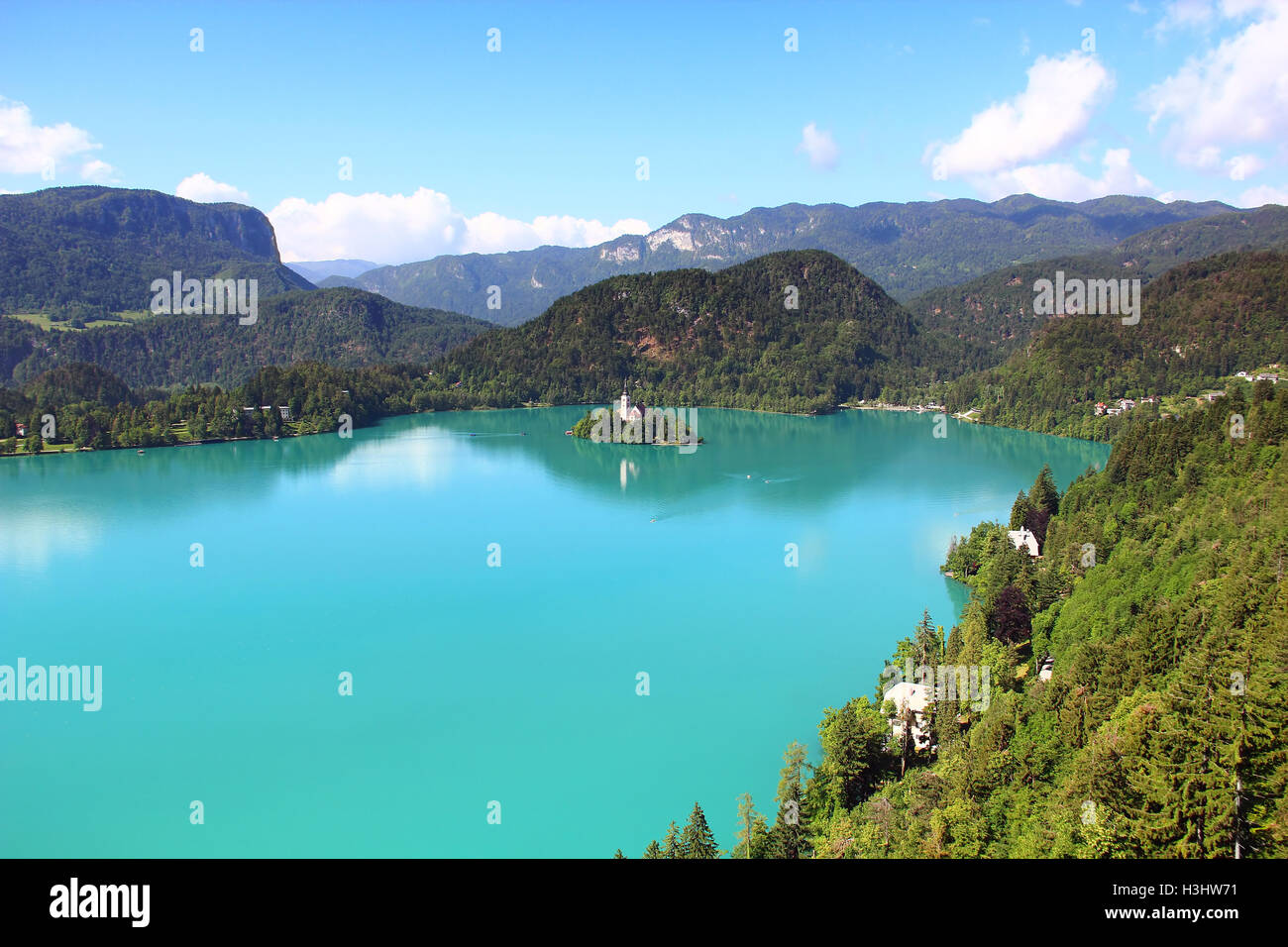 Bled See und Annahme der Wallfahrtskirche Maria, Slowenien Stockfoto