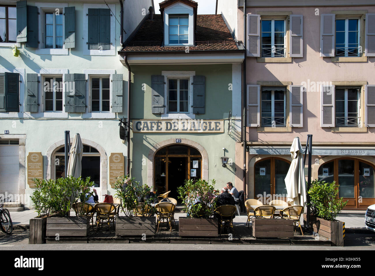 Cafe Exterieur in Carouge, Genf, Schweiz Stockfoto
