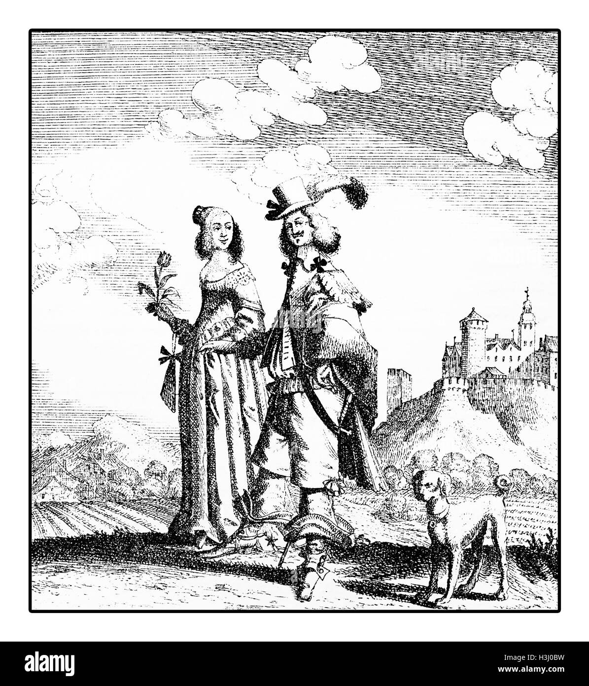 Porträt des Paares Wandern mit Hund, Deutsch Kostüme XVII. Jh. Stockfoto
