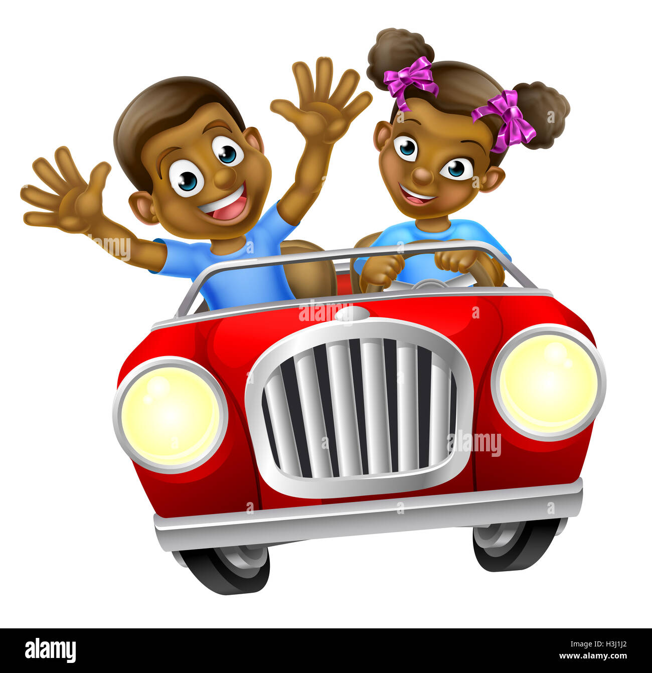 Ein Junge und ein Mädchen Spaß fahren schnell in einem Auto auf einem Roadtrip Stockfoto