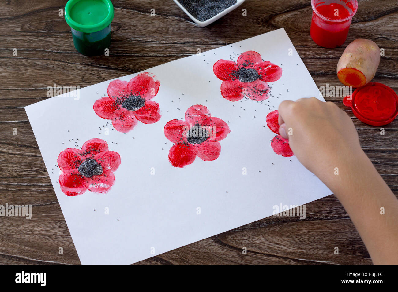 Zeichnung Auf Papier Mohn Zieht Kind Mohn Leim Farbe Papier Und Kartoffeln Auf Einem Holztisch Kinder Kunst Projekt Eine Stockfotografie Alamy
