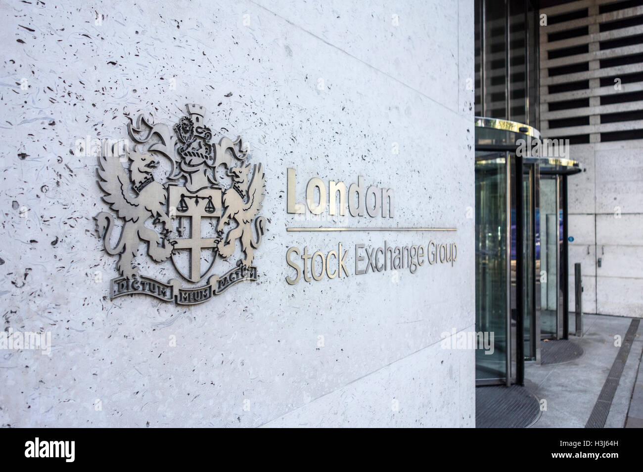 London Stock Exchange LSE Gebäude unterzeichnen. Stadt London, Großbritannien Stockfoto