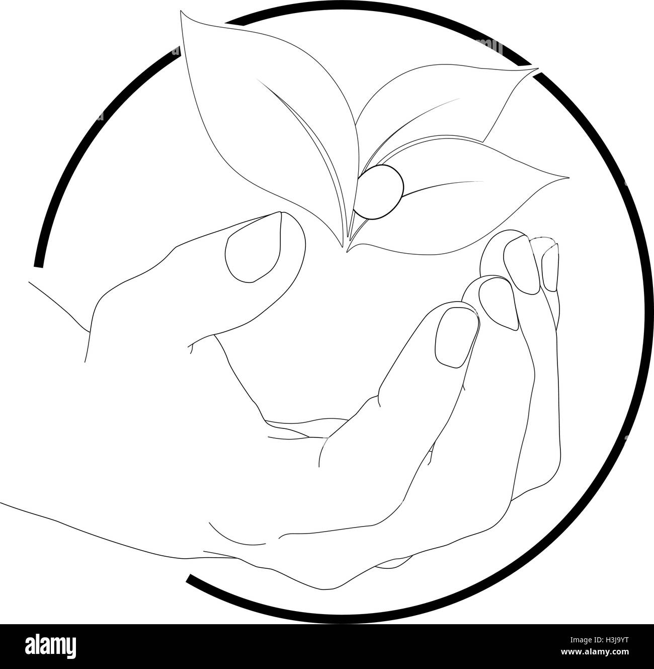 Vektor-Logo eine Hand, die Blätter der Pflanze durch eine schwarze Linie umgeben. Symbol der Fair Trade oder Ökologie Stock Vektor