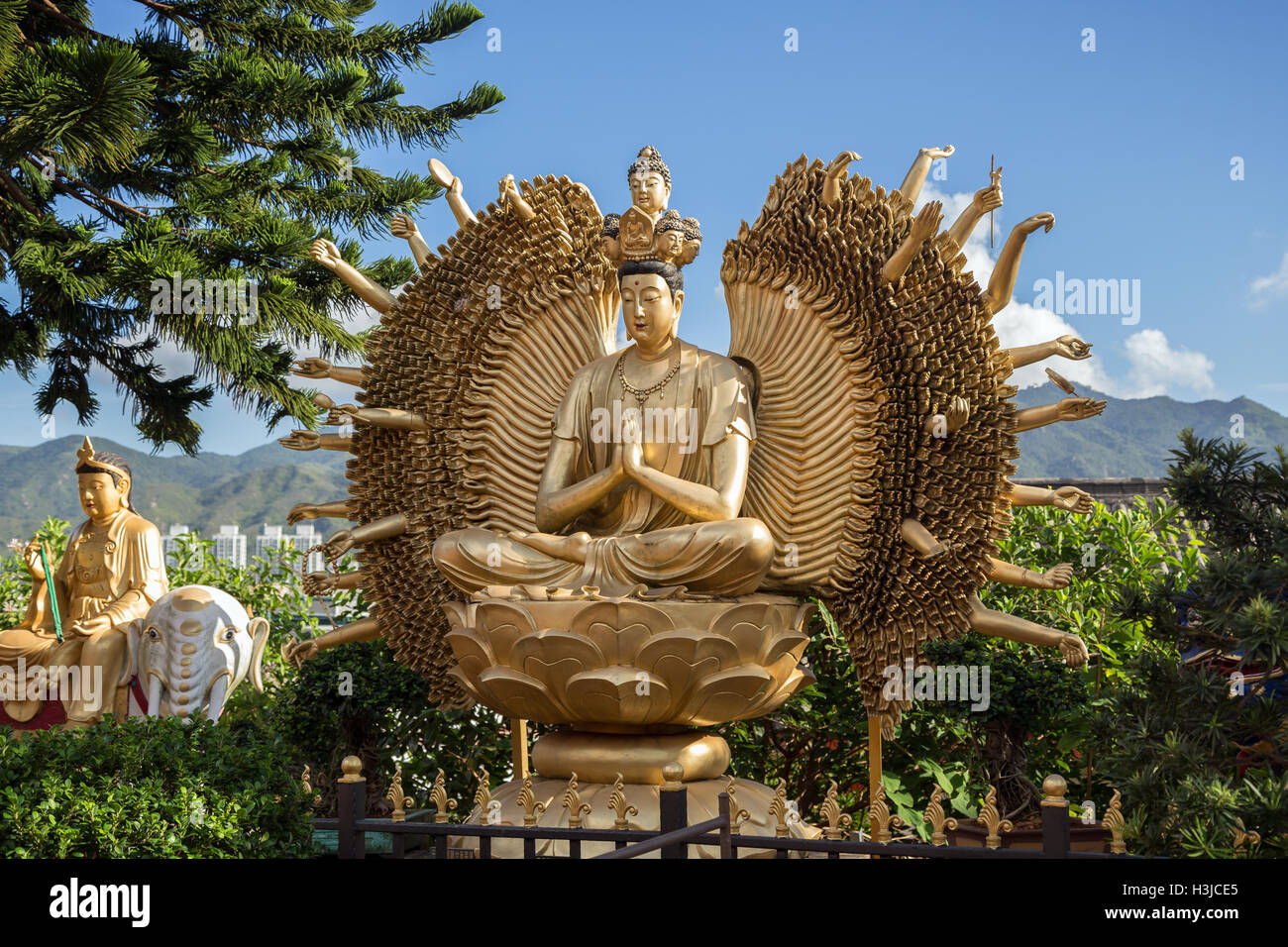 Tausend Hände Buddha-Statue im zehn tausend Buddhas Kloster (Mann Fett ASZ) in Sha Tin (Shatin), Hong Kong, China. Stockfoto