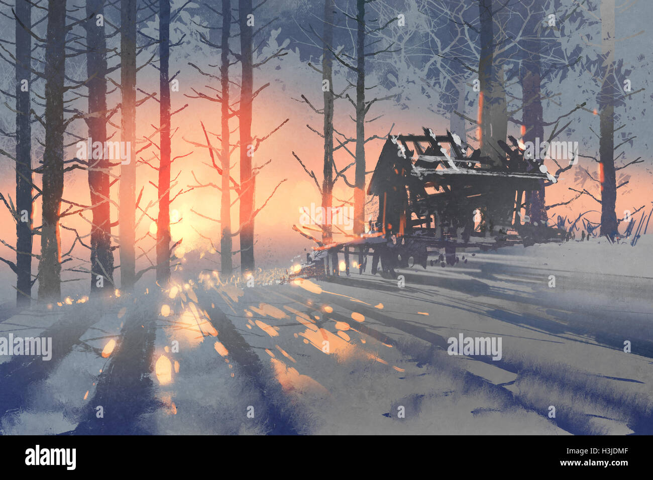 Winterlandschaft in einem verlassenen Haus in den Wald, Illustration, Malerei Stockfoto