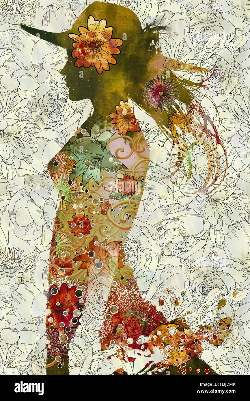 Doppelbelichtung Frau mit Hut und bunten Blumen auf Blumen Hintergrund, Illustration, Malerei Stockfoto