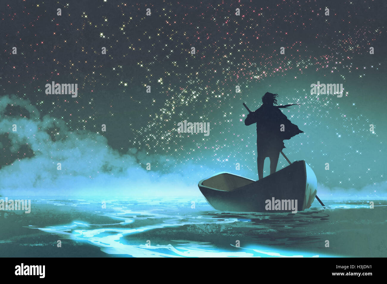 Mann ein Ruderboot im Meer unter schönen Himmel mit Sternen, Illustration, Malerei Stockfoto