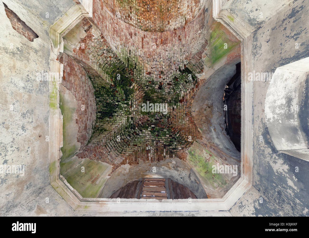 Die alten Gewölbe der Kuppel eines verlassenen Tempels auf den Putz zu streuen und moosbewachsenen Stockfoto