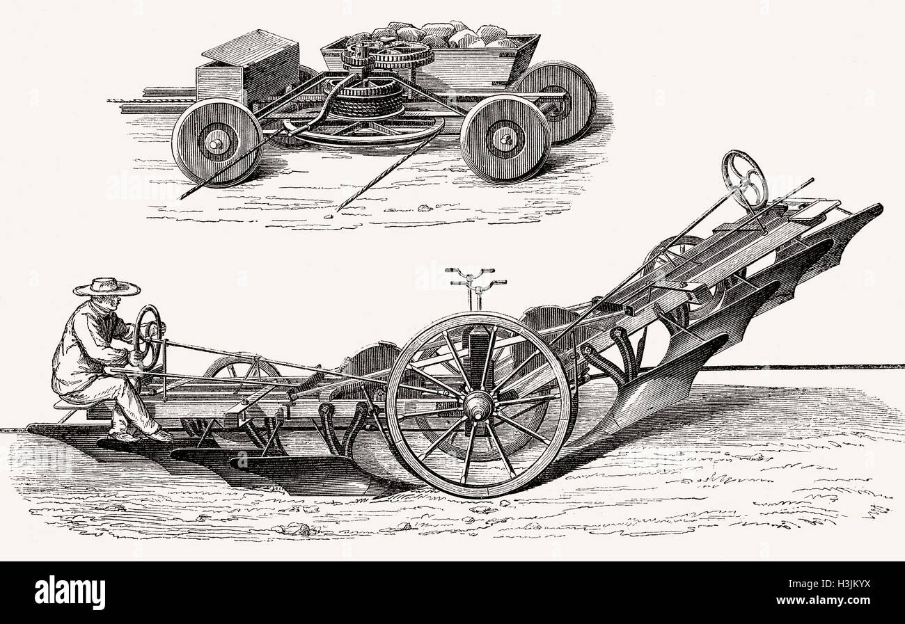 Maschinensysteme Dampf Pflug Arbeit, landwirtschaftlichen Traktor angetrieben von einer Dampfmaschine, 19. Jahrhundert Stockfoto