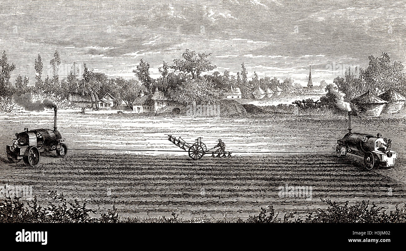 Maschinensysteme Dampf Pflug Arbeit, landwirtschaftlichen Traktor angetrieben von einer Dampfmaschine, 19. Jahrhundert Stockfoto