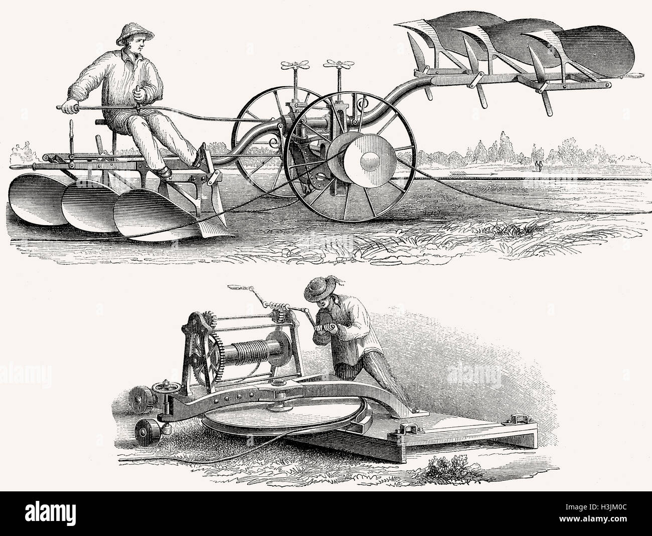 Eine landwirtschaftliche Pflug System angetrieben durch eine Seilwinde von Muskelkraft, erfunden von M. Lotz, 19. Jahrhundert Stockfoto