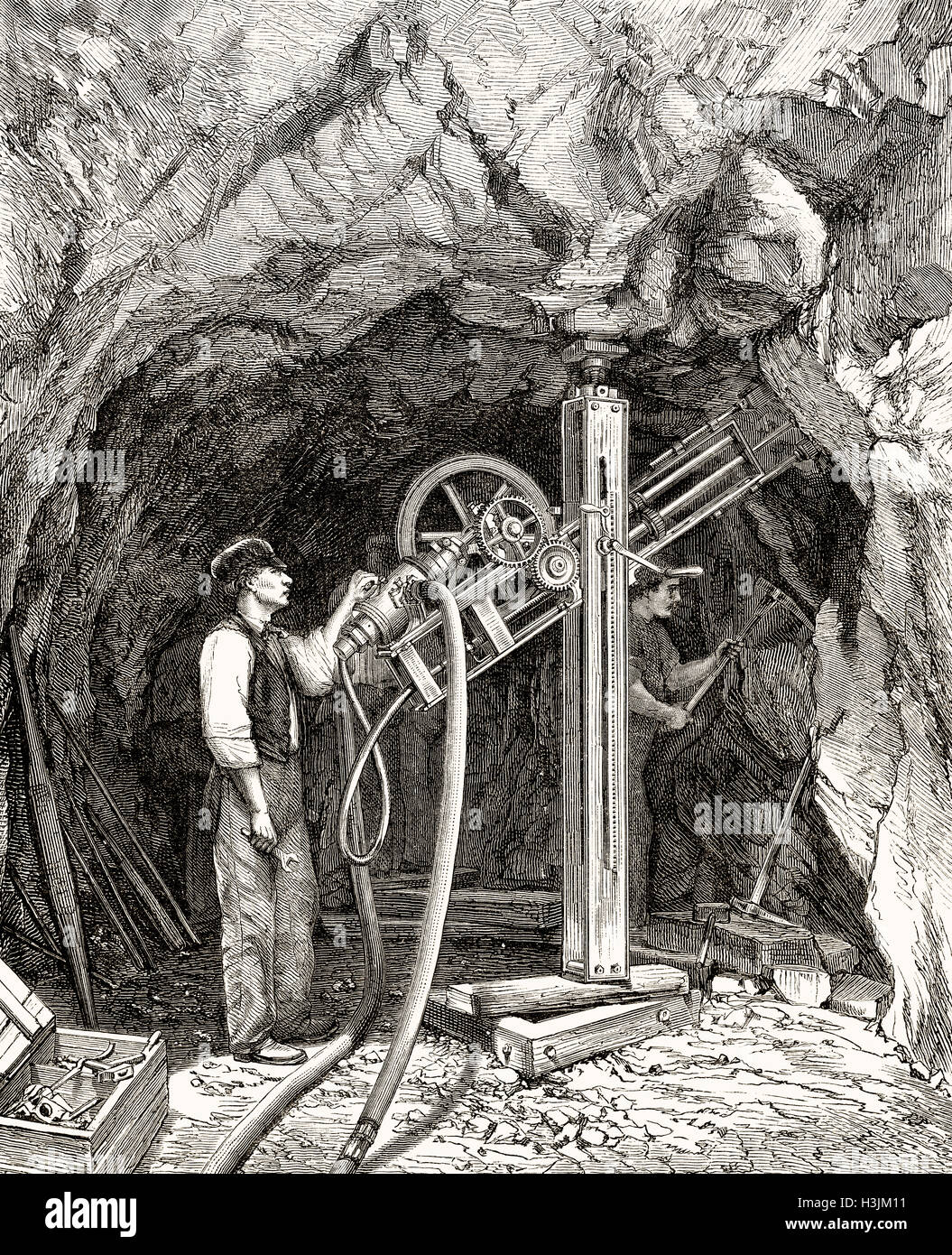 Motor Bohrhammer des Schweizer Ingenieurs Leschot, 1800-1884, Perret Motor, Fréjus Schiene Tunnel oder Mont-Cenis-Tunnel, 19. Jahrhundert Stockfoto
