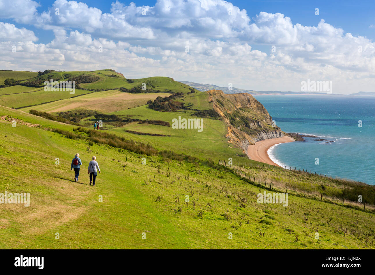 Wanderer, Abstieg vom Gipfel des Golden Cap auf die SW Coast Path, Jurassic Coast, Dorset, England, UK Stockfoto