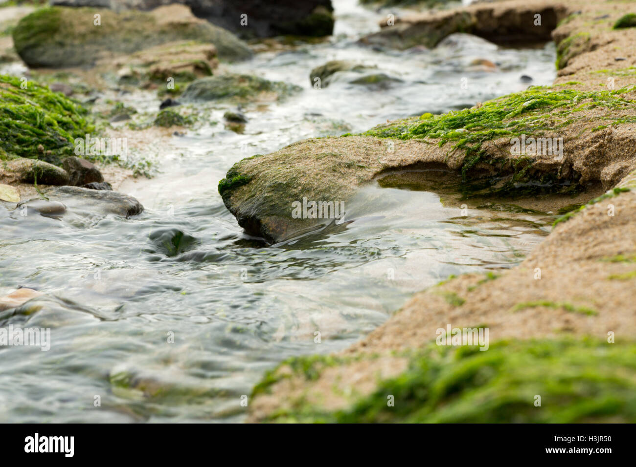 Um abgenutzte Moos bedeckt Felsen fließenden Strom Stockfoto