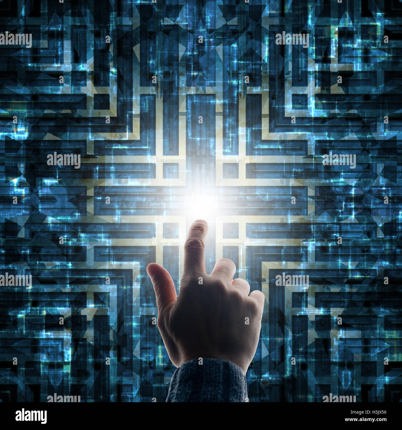 Hand zu berühren einen technologische futuristische Hintergrund Stockfoto