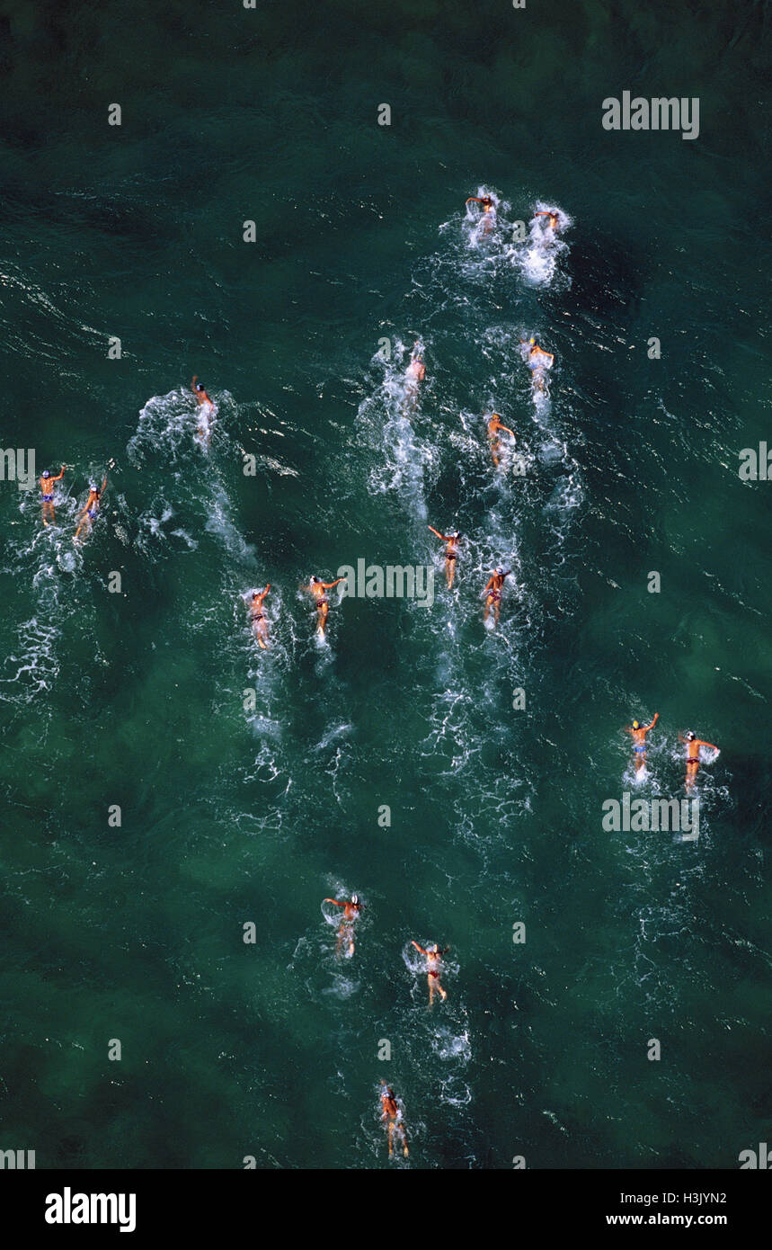 Ozean Schwimmen Rennen, Surf Life Rettung Karneval. Stockfoto