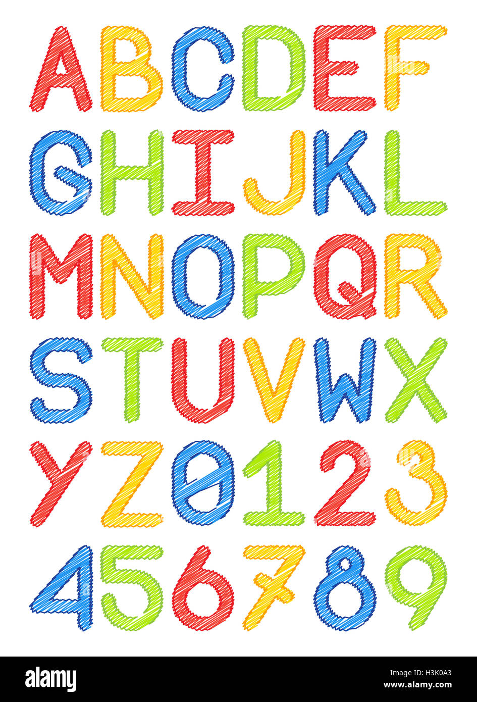 [JPEG] englische Schrift Schrift Großbuchstaben und Ziffern Bleistift Linien bunt rot gelb blau grün illustration Stockfoto