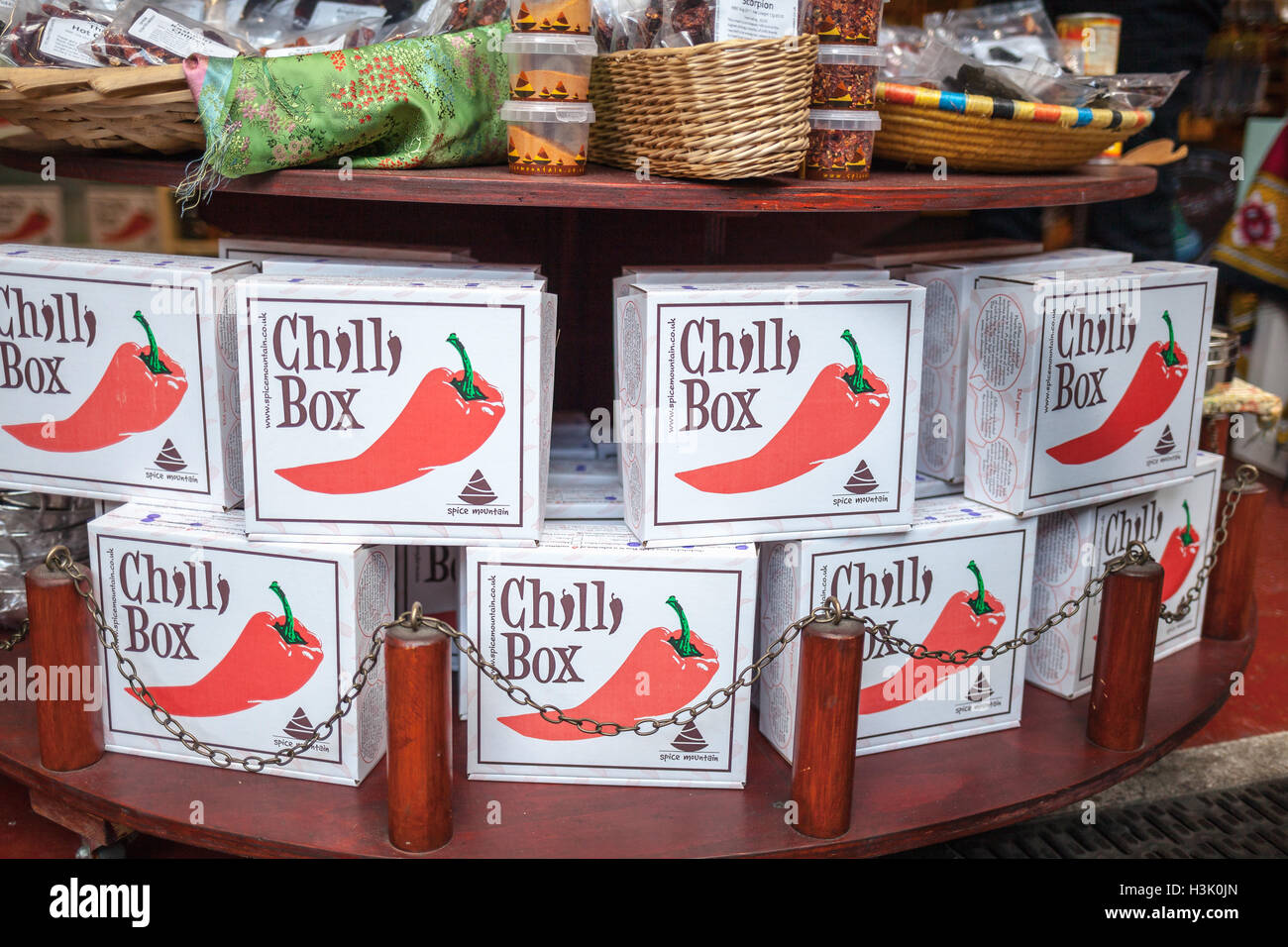 Borough Market, London UK Chili Box Gewürz Mexikanisch Stockfoto