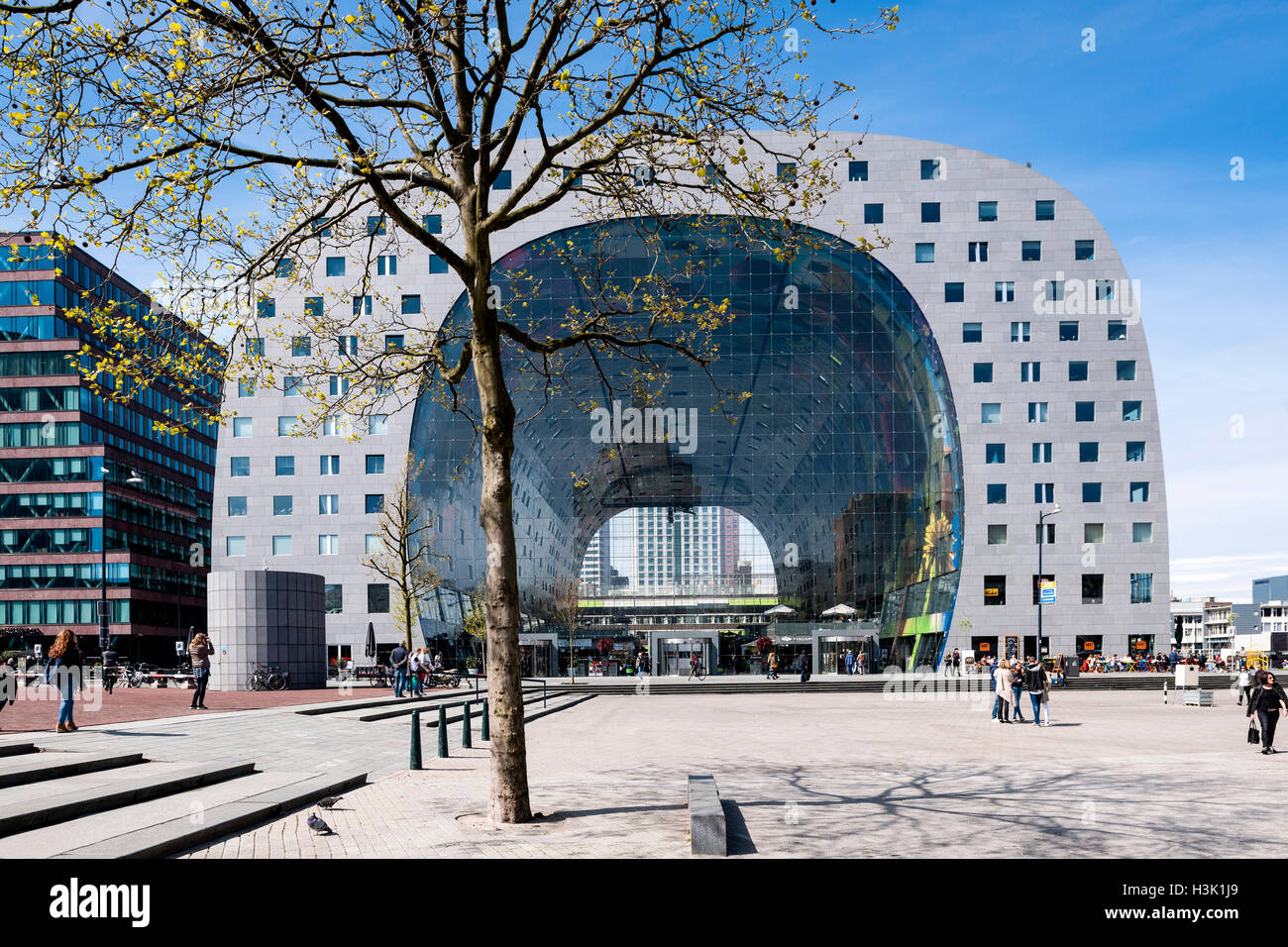 Frontalen Höhe von Hufeisen-förmige Markthalle und Kontext auf öffentlichen Platz. Markthalle Rotterdam, Rotterdam, Niederlande. Stockfoto