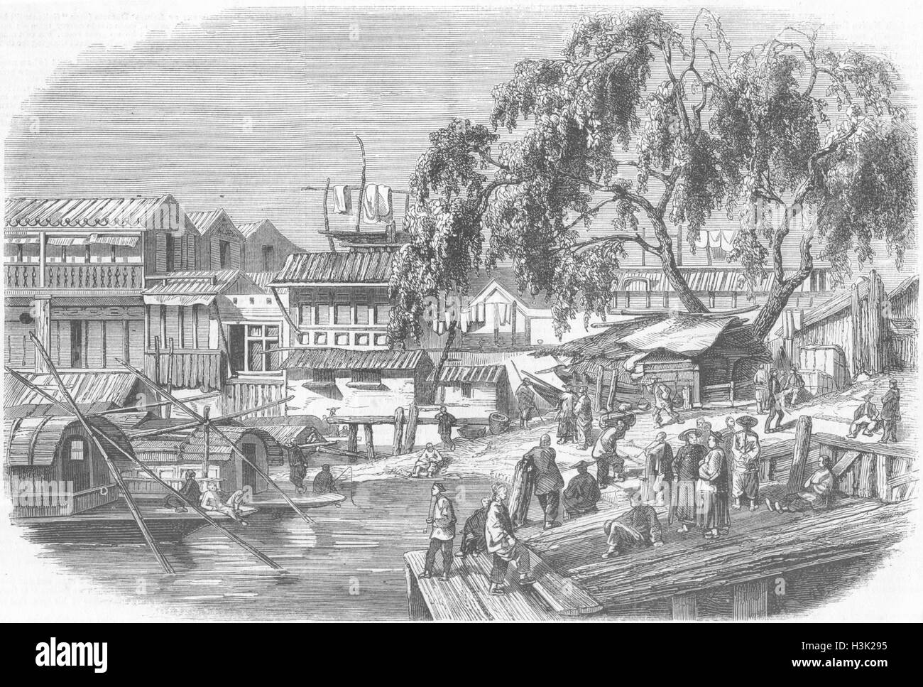 CHINA ein Landung-Ort im Kanton 1858. Illustriert von Zeiten Stockfoto