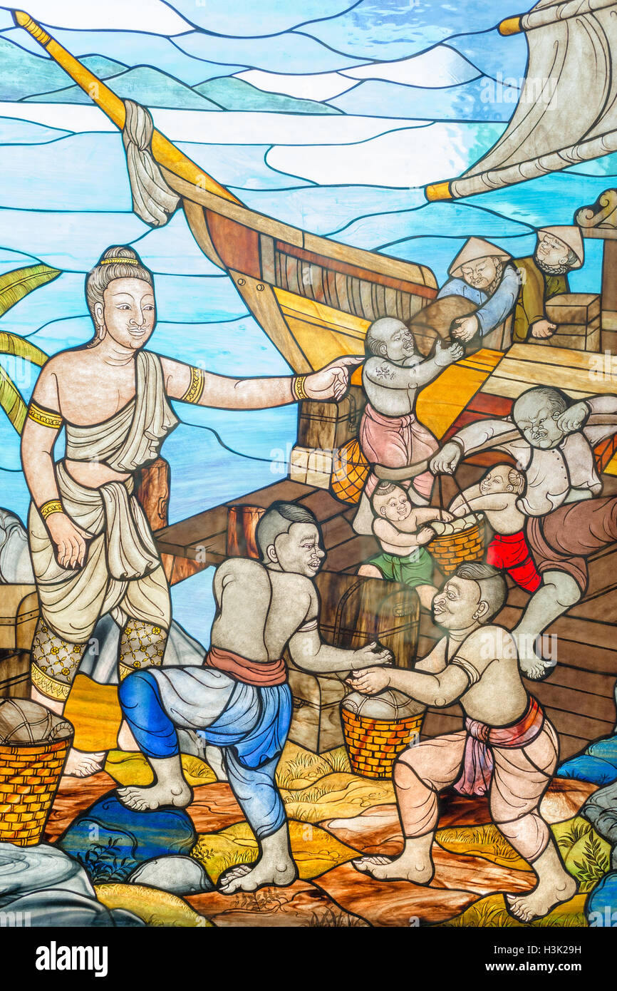 Prachuap Khiri Khan, Thailand: 31. März 2015 - ist die Glasmalerei Bild die Geschichte von Mahajanaka bei Tangsai Thai Tempel In Prachua Stockfoto