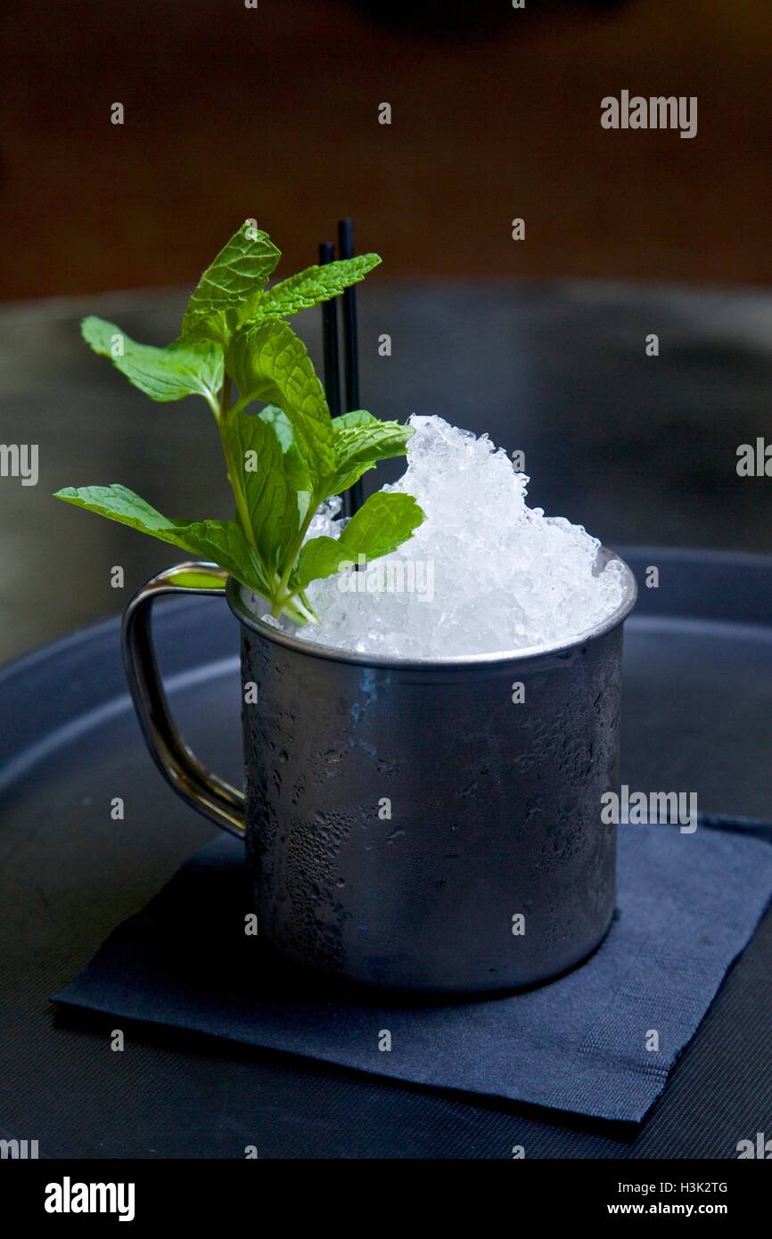 Mojito cocktail in Blechtasse mit Zweig Minze, Nahaufnahme Stockfoto