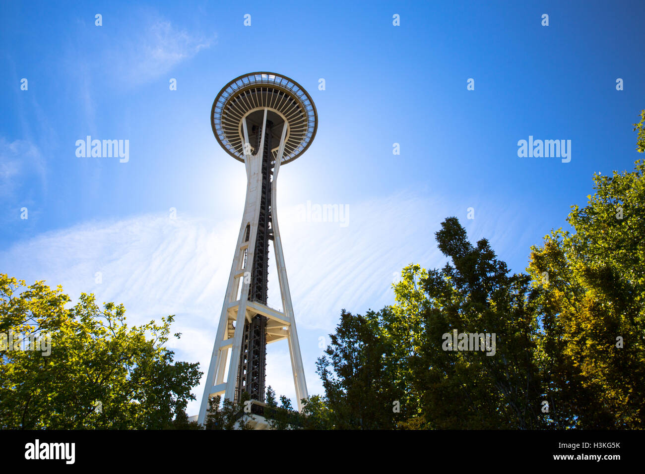 Blick auf die Space Needle vor blauem Himmel - Seattle, WA - USA Stockfoto