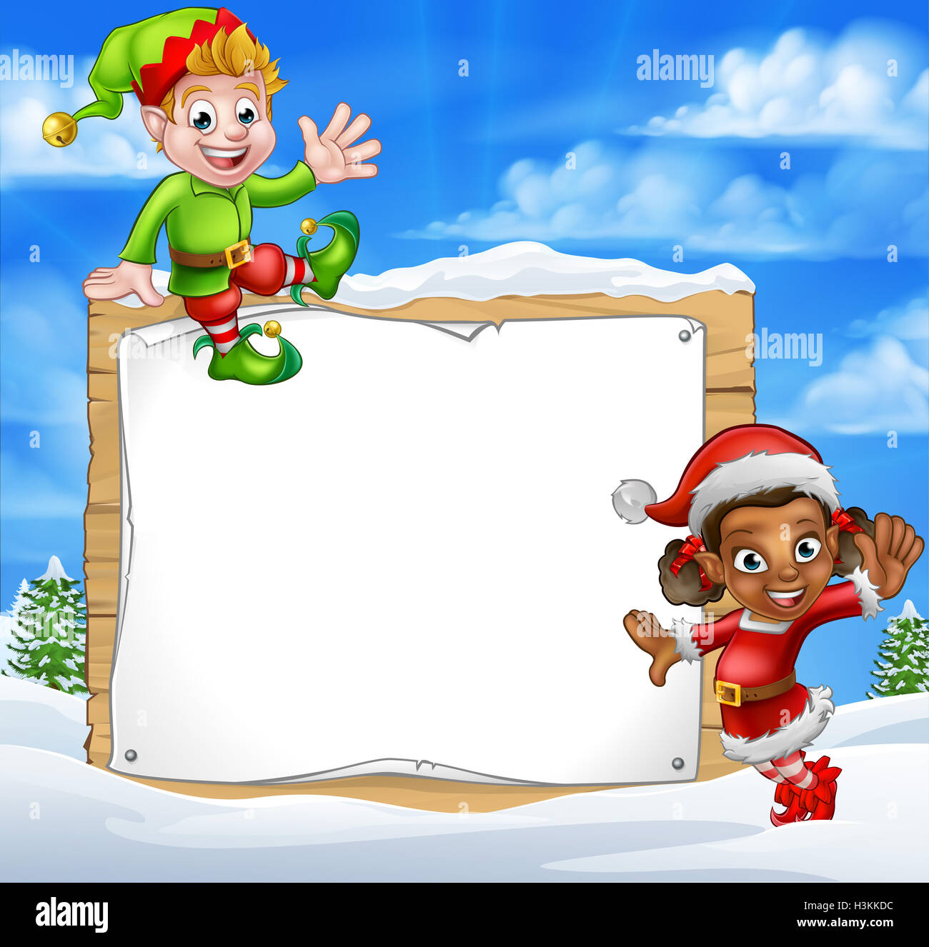 Eine Winter-Schnee-Szene Landschaft Weihnachten Zeichen, dass Elf Helfer ein Zeichen in eine Weihnachtsmütze cartoon Stockfoto