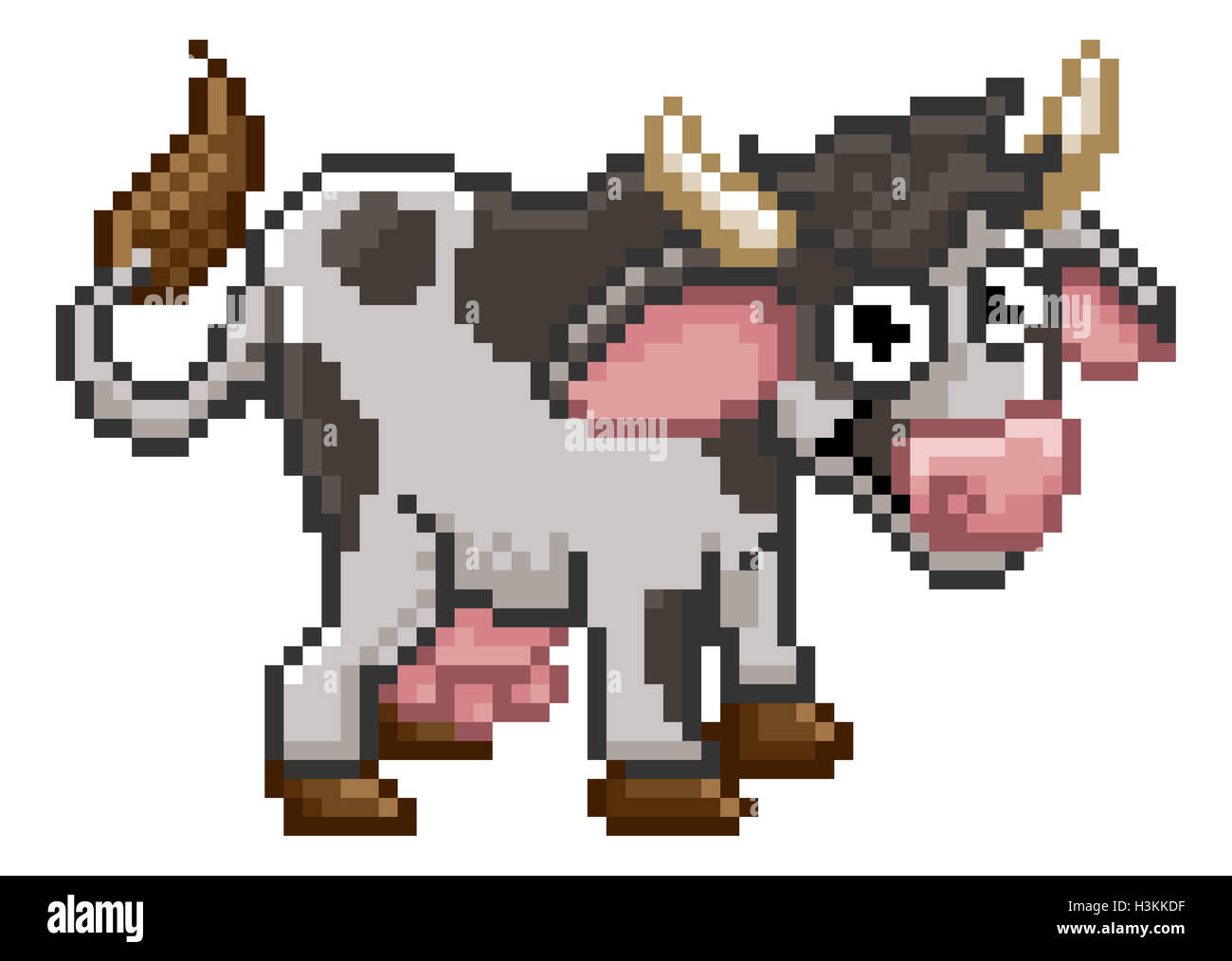 Pixel Art 8bit niedliche Kuh Bauernhof Tier Zeichentrickfigur Stockfoto