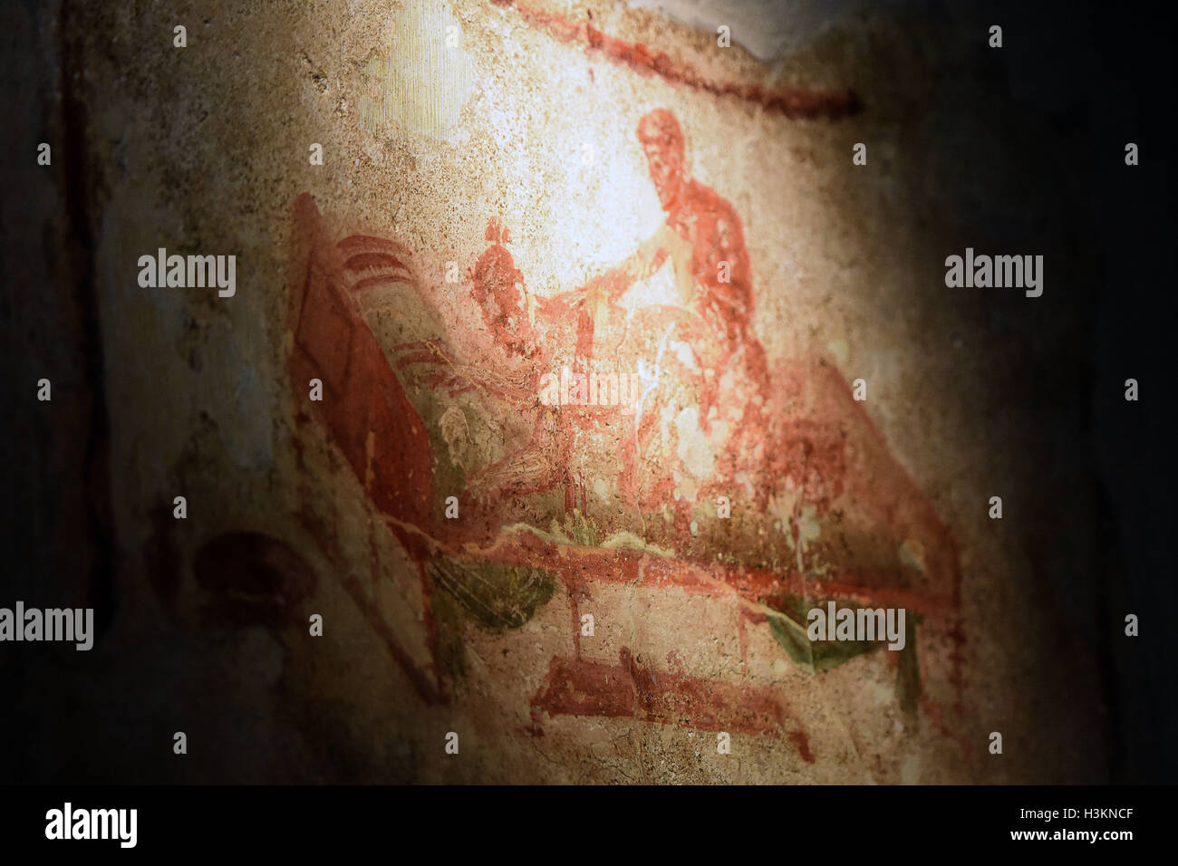 Die Fresken an den Bordell und römischen Ruinen von Pompeji. Italien. Stockfoto