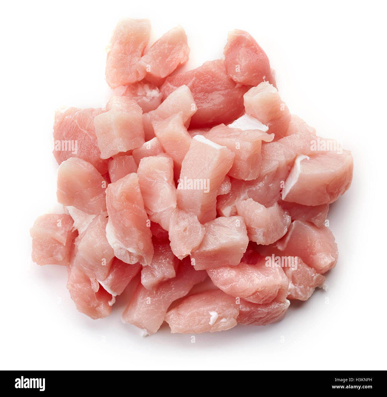 Haufen von Rohe geschnittene Schweinefleisch isoliert auf weißem Hintergrund, Ansicht von oben Stockfoto