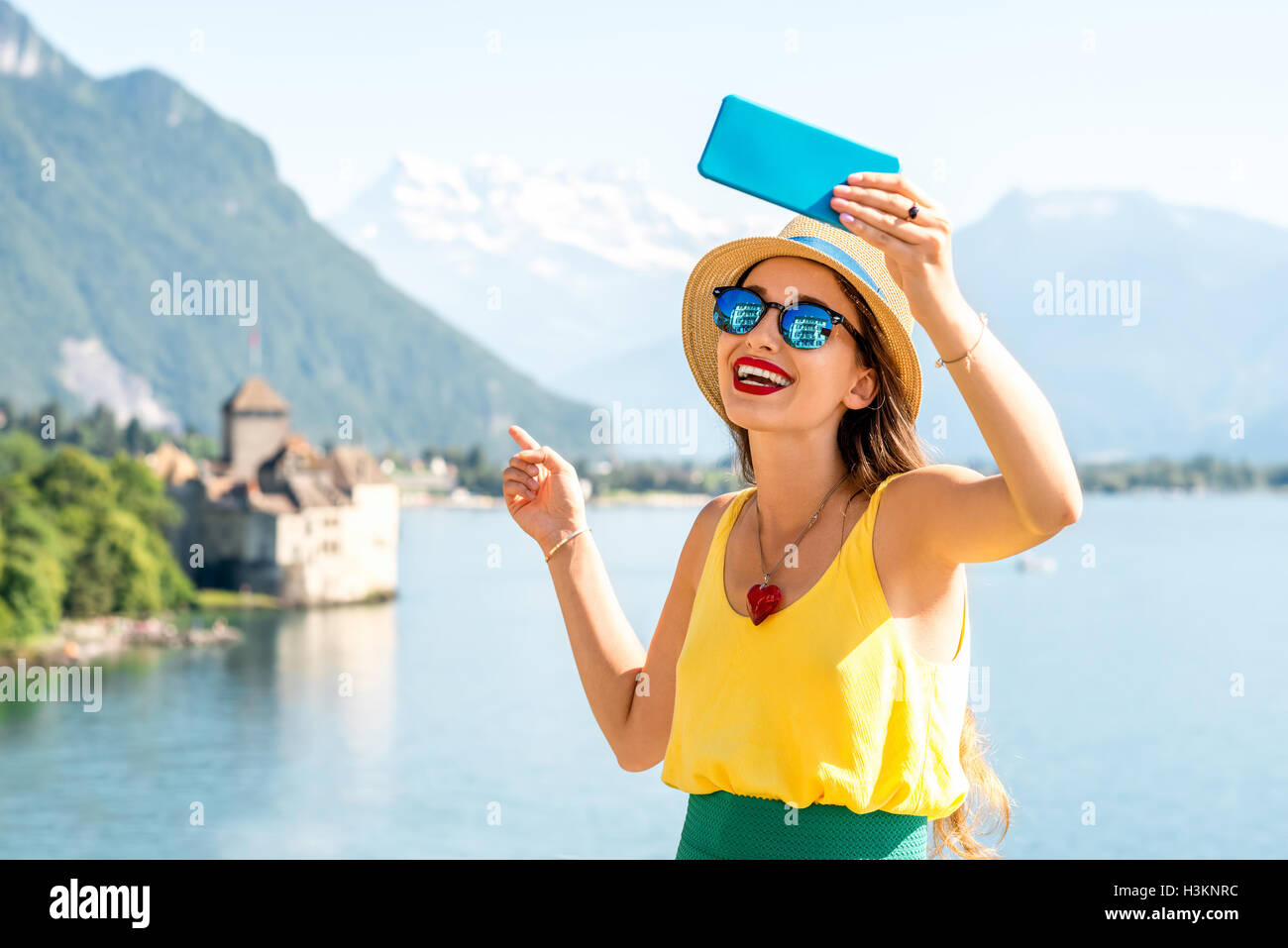 Frau in der Schweiz reisen Stockfoto