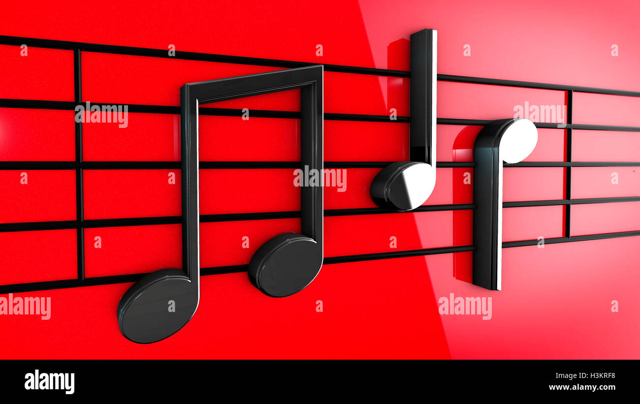3D Musik-Noten auf Notenzeilen auf rotem Grund. Stockfoto