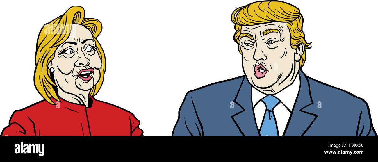 Präsidentschaftskandidaten-Debatte, Hillary Clinton gegen Donald Trump Portrait Karikatur Cartoon Vector Stock Vektor