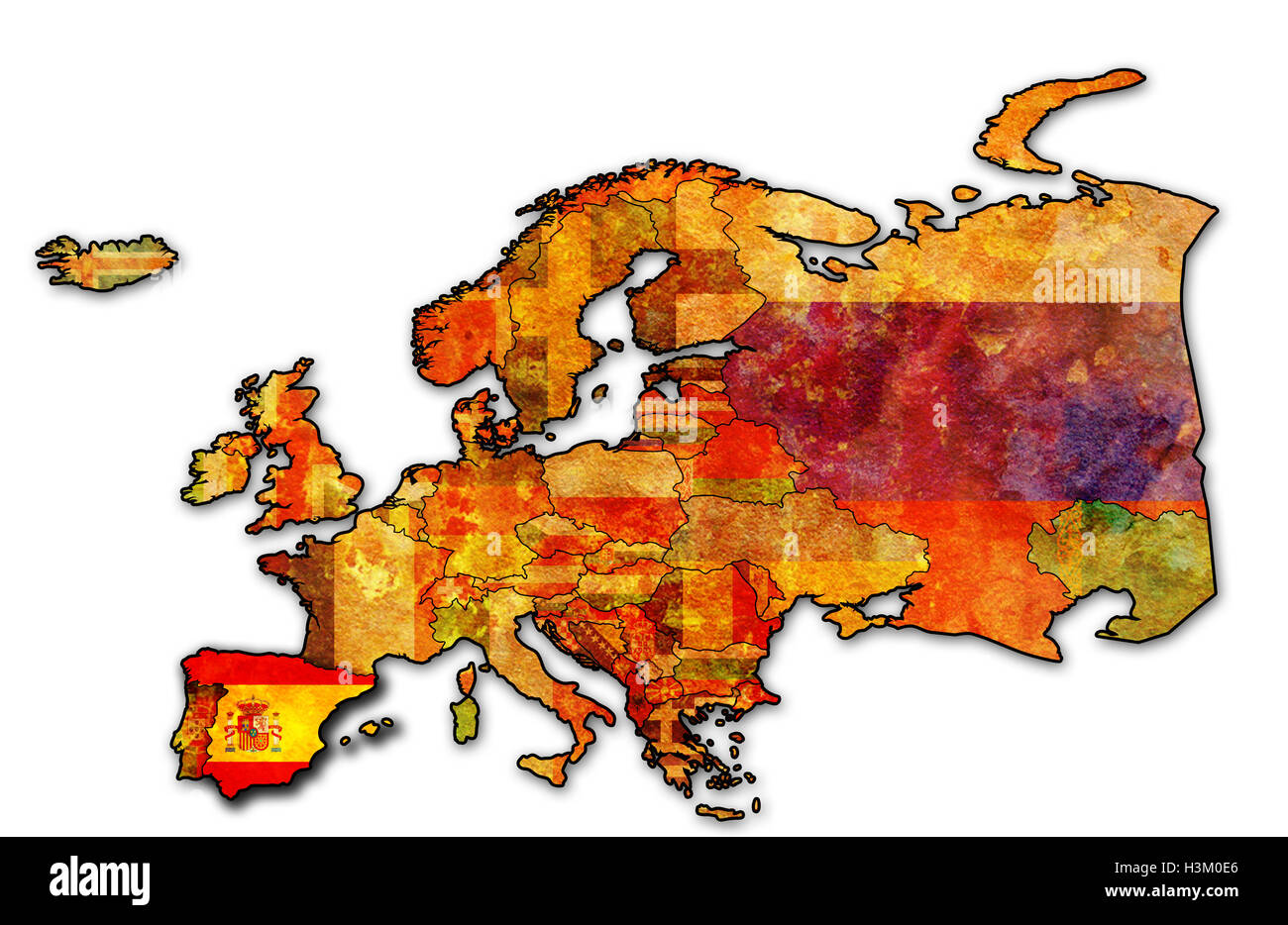 einige sehr alte Grunge-Landkarte von Spanien mit Flagge auf der europäischen Landkarte Stockfoto