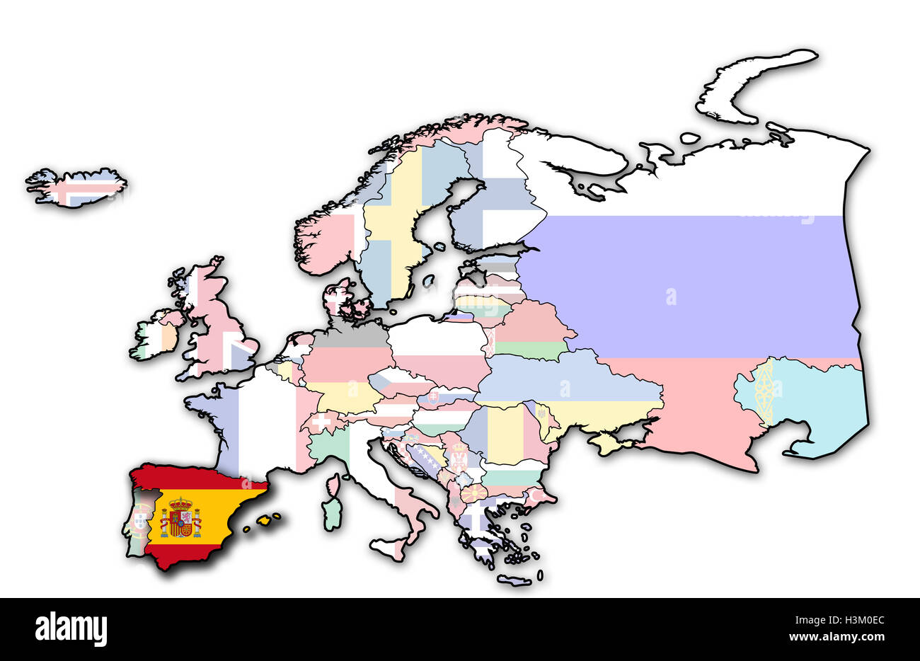 einige sehr alte Grunge-Landkarte von Spanien mit Flagge auf der europäischen Landkarte Stockfoto