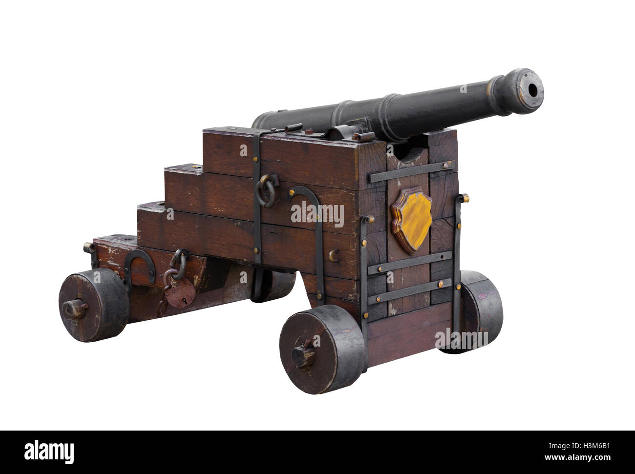 antikes Schiff Kanone auf einem weißen Hintergrund isoliert Stockfoto